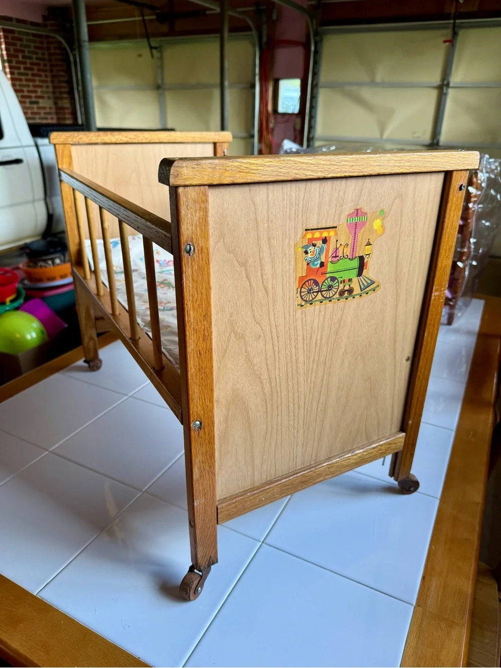 1960’s Vintage Natural Wood Doll Crib with Colorful Train Decal - CLEAN!